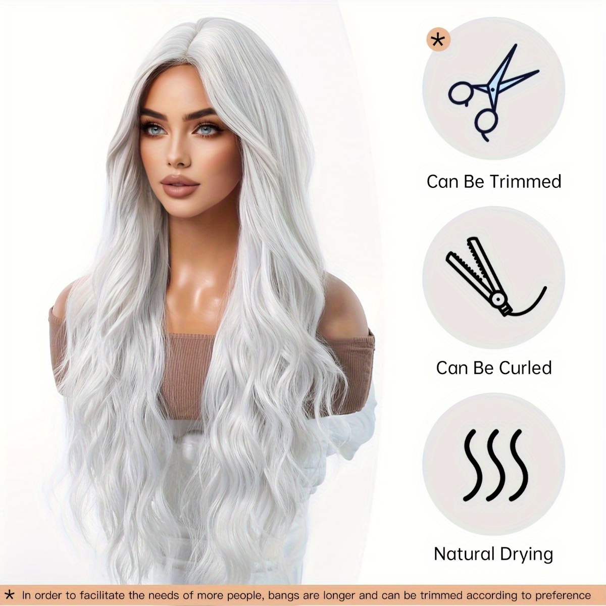 Hair Care Daily - 安信ブランド合成繊維ウィッグ：シルバーホワイトの自然な大きなウェーブのかかったロングカールヘアスタイル、髪の毛は滑らかで光沢があり、質感はダイナミックで軽量です。 高品質の合成繊維素材で作られており、快適な着用感、肌に優しく、お手入れが簡単です。 大人の女性の日常のファッションスタイリング、目を引くパーティー衣装、コスプレキャラクターの再現、ゴシック/レトロをテーマにした衣装、トレンディなアイテムに適しています。
