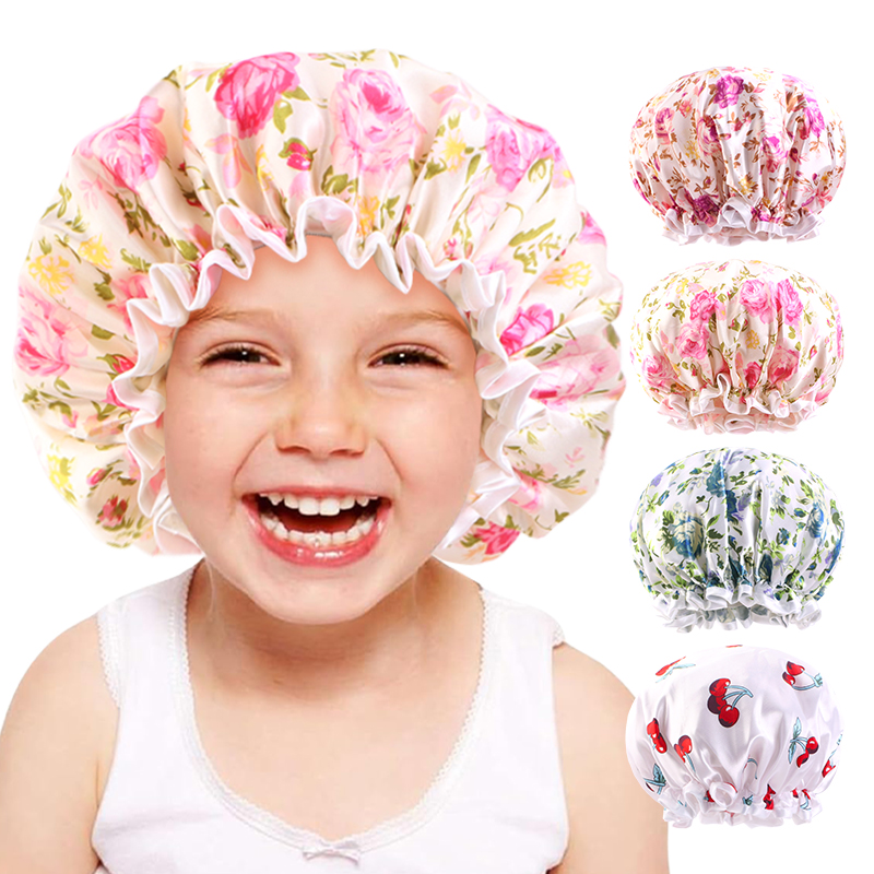 Hair Care For 5 Year Old Girl - 子供用調節可能な二重層シャワーキャップカラープリント防水ヘアケアベビー睡眠帽子